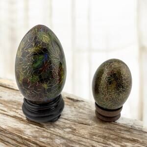 Vintage Cloisonne Eggs With Wood Stands Floral Motifs 3.25" and 2" Metal